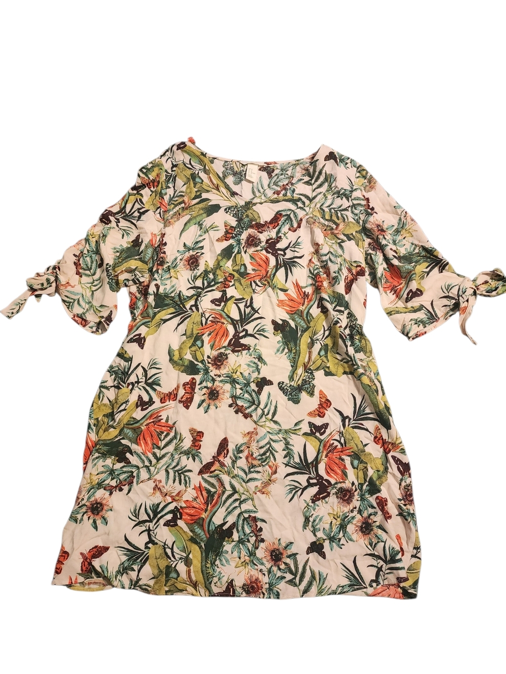 H&M Cream Floral Tropical Print Dress with Green and Orange Accents
